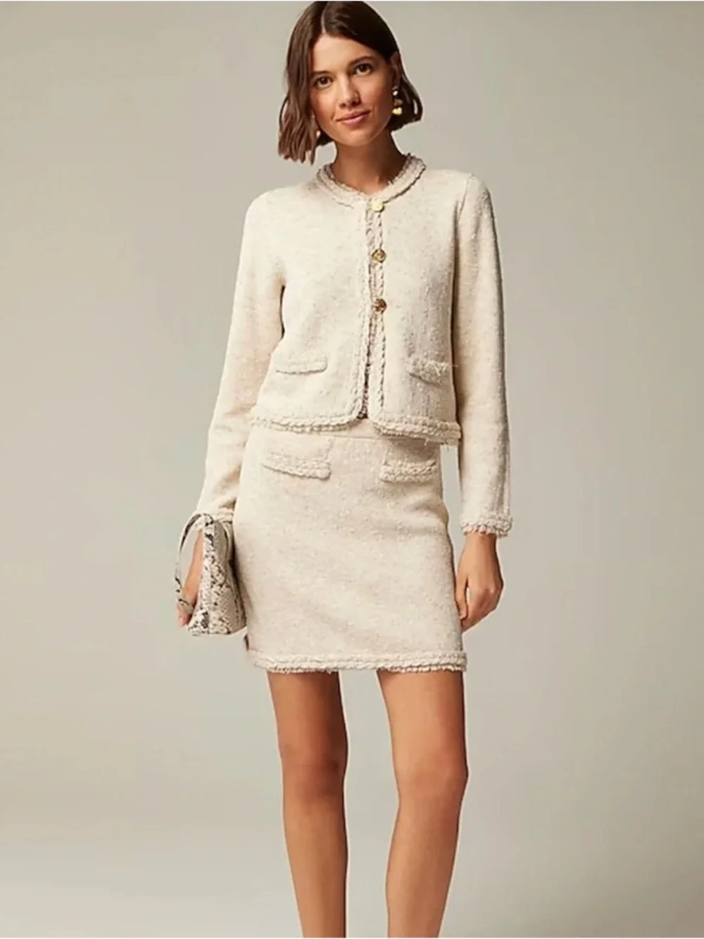 J.CREW Marled Fringe-Trim Sweater Lady Jacket & Mini Skirt Set Heather Sand S